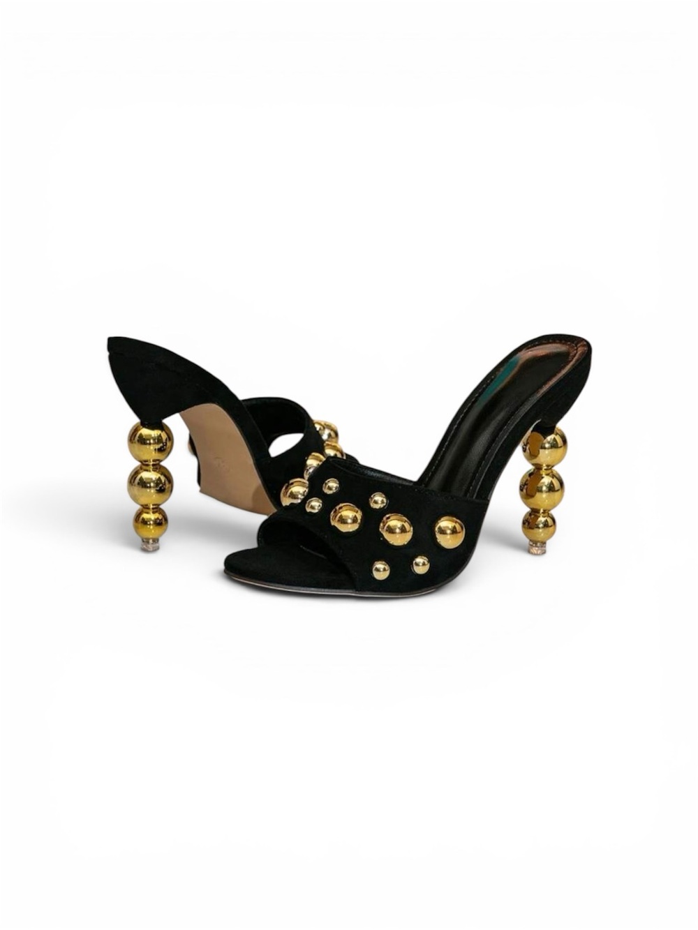 Black Studded Open-Toe Heels with Gold Ball Heel